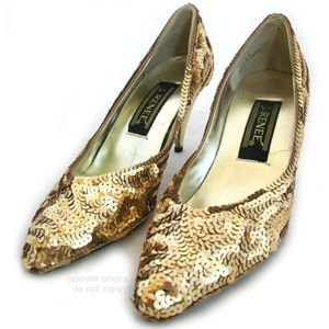 Vintage 80s 90s J.RENEE New Womens Gold Sequin Shoes High Heels 6 M 6M Metallic